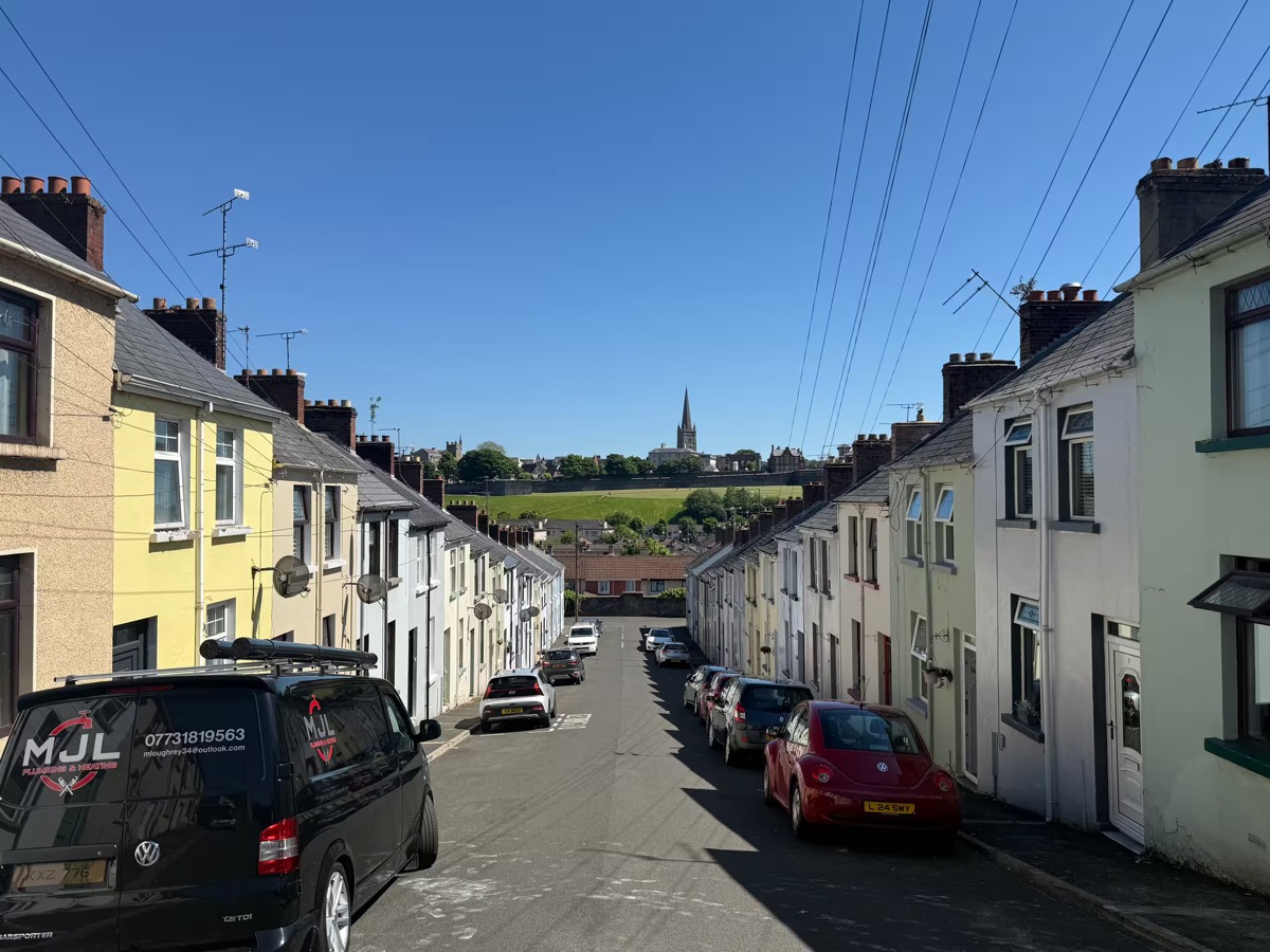 Limewood Street, Derry, with the cathedral spire beyond